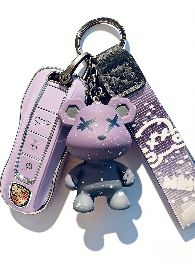 ماك جاباجز Suitable for Porsche Pastel Purple Metal Key Fob Case with Graffiti Bear Keychain & Strap (Please purchase according to your own key style) - Image 5